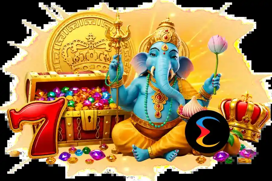Sininen Ganesha hahmo avoimen jalokiviarkun vieressä, Endorphina studion banneri